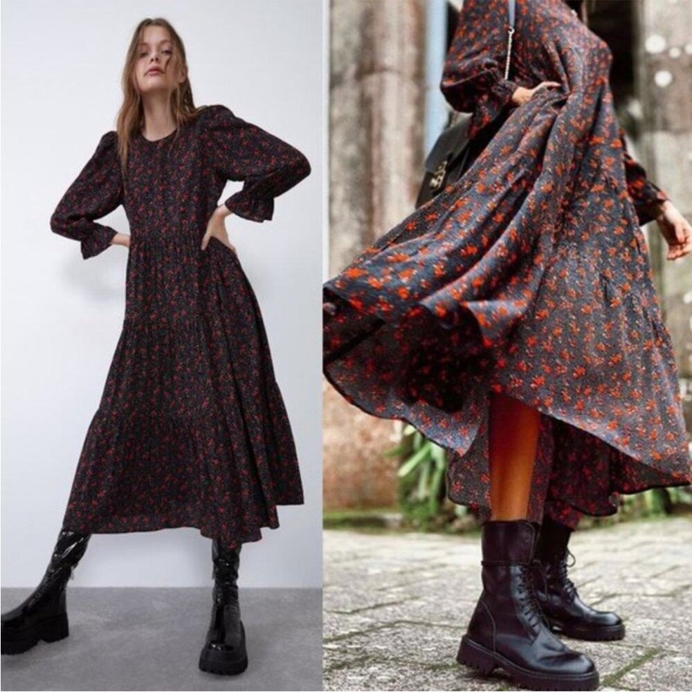 Black Zara Ditsy Print Tiered Maxi/Midi Dress (Size XS)